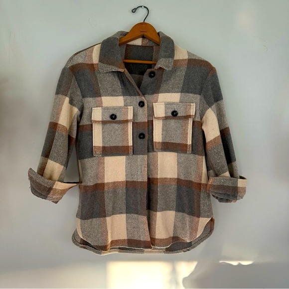Grey Tan Plaid Checkered Shacket - Picture 2 of 14